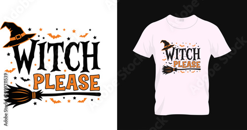 Halloween witch t shirt design with broom and bat graphics
