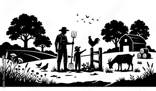 Bild auf Leinwand Rural Family Farm Landscape Silhouette Vector Illustration with Farmer Child Pit