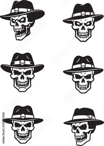 Six black and white vector skull illustrations wearing fedora hats for logo and tattoo designs