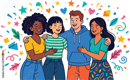 Εκτύπωση καμβά Diverse group of happy young friends standing together in a friendly embrace cel