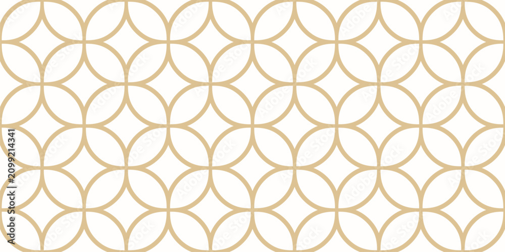 Fototapeta premium Golden vector geometric ornament. Minimal seamless pattern with curved lines, floral grid, lattice, diamonds, leaves. Simple classic ornament in oriental style. Gold and white repeating geo background