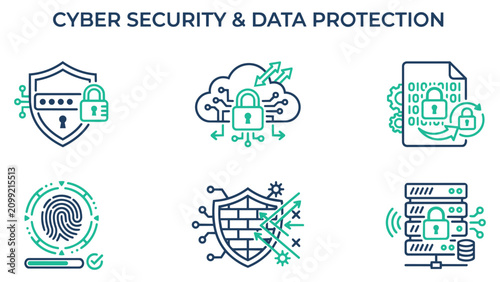 Cyber security and data protection linear icon set with security protection fingerprint password encryption firewall