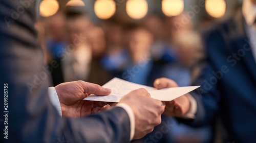 Close-up of hands exchanging a certificate during a formal graduation or apprenticeship ceremony.