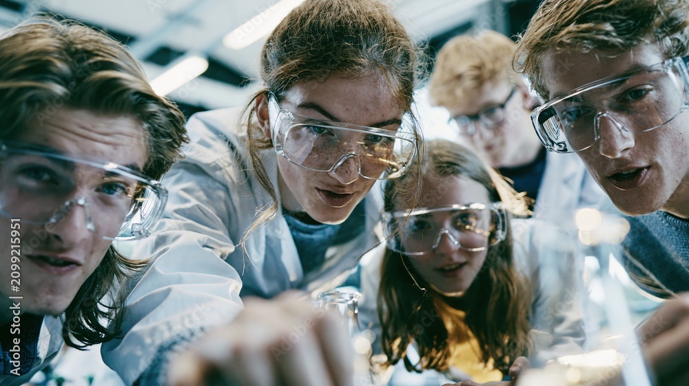Obraz premium Curious students wearing safety goggles closely observing a science experiment in the lab. 