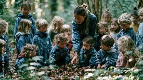 A teacher guides young children as they explore nature together on the forest floor.