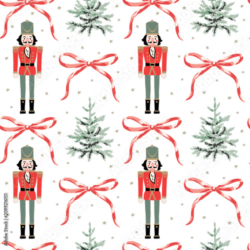 Christmas seamless pattern, Nutcracker, fir trees, red bows, stars, white background. Vector illustration. Festive design. Season greeting. Winter holidays wrapping
