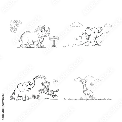 Canvas Print A group of cartoon safari animals with fun expressions and playful actions toget