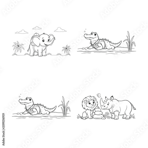 Photography Cartoon animals in safari outfits interacting in natural scenery  elephant croco
