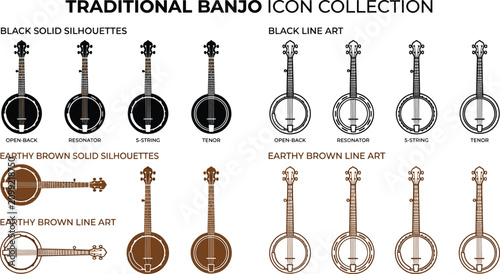 Quadro su tela Traditional banjo icon collection featuring open back resonator five string and