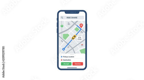 Obraz na płótnie Mobile App Navigation for Ride Sharing Service with Map and Car Icon