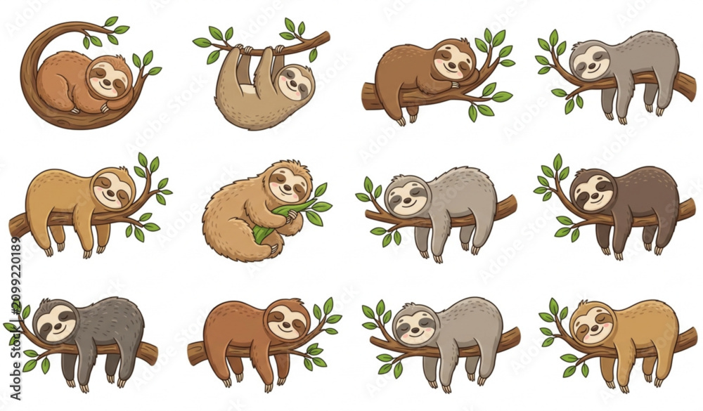 Fototapeta premium Cute Cartoon Sleeping Sloth Vector Collection with Tree Branch Animal Characters