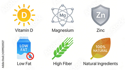 The combination of trace elements in sunlight and low-fat food labeling represents the concepts of mineral supplementation, low-fat diet, and natural and pure dietary supplements.
