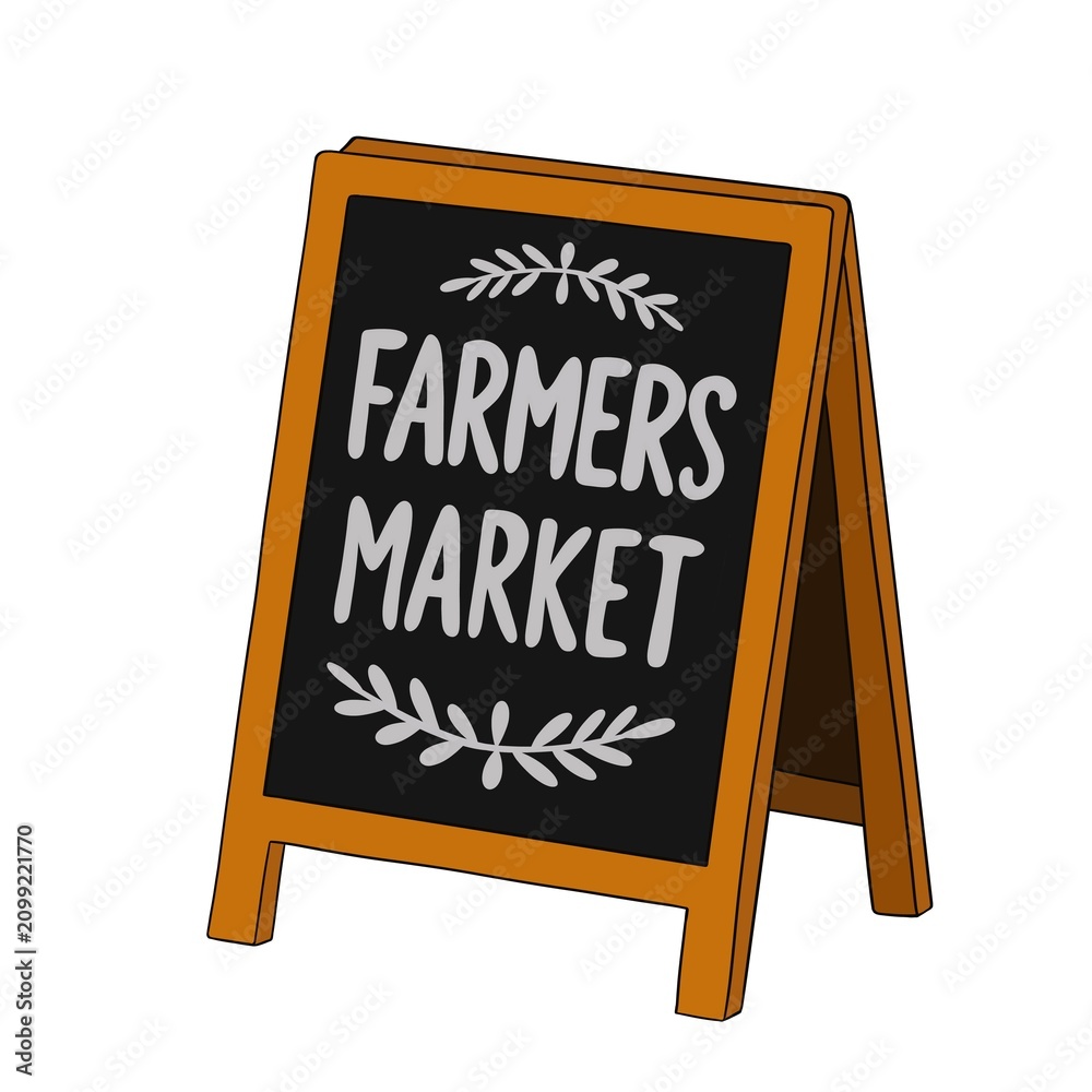 Fototapeta premium Wooden A-frame farmers market sign in rustic style. For seasonal designs, greeting cards, stickers, packaging, branding, kitchen decor.