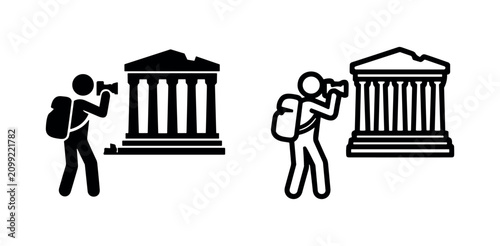 Canvas Print Tourist with camera at building icon: solid black and outline versions on white