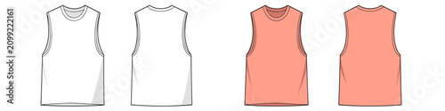 Muscle tank top sleeveless technical fashion illustration with crew neckline, relaxed fit. Flat activewear apparel template front, back, white coral color. Women men unisex top CAD mockup
