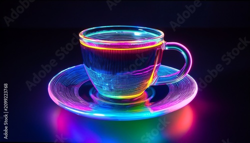 a cup of coffee is lit up with neon colors and is sitting on a glass plate