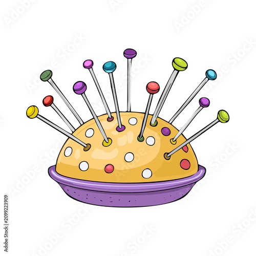 Colorful sewing pincushion with assorted pins in a playful cartoon style