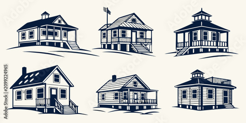 Photos Set of six minimalist beach houses with white backgrounds and pitched roofs coas