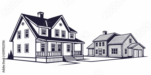 Schilderij op canvas Minimalist black and white line of a two-story house with dormer windows and a p