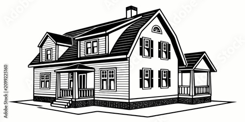 Принти на полотні Minimalist line-art of a white two-story house with symmetrical windows and gabl