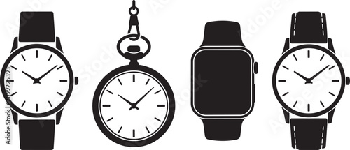 Slika na platnu Evolution of timekeeping from pocket watch to smartwatch vector silhouette