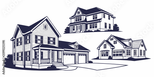 Картината върху платно Set of 100 simple black and white line of suburban family houses with pitched ro