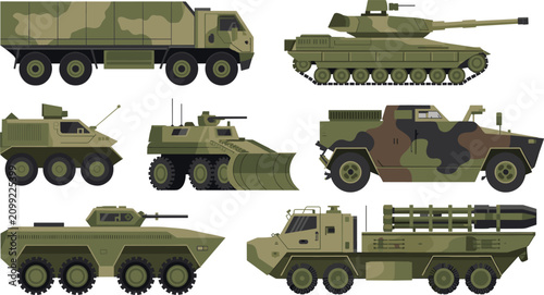 Photography Military vehicles vector illustration set featuring flat camouflage army transpo