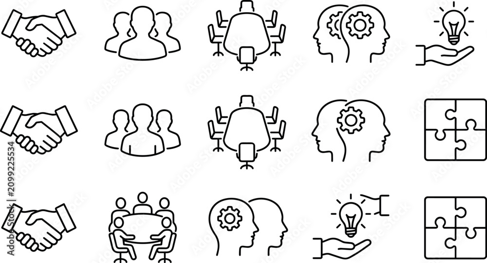 Obraz premium Business teamwork and collaboration outline icon collection featuring partnership, meeting, brainstorming, innovation, leadership, problem solving and office vector set