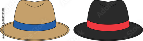 Fotografía Yellow and black bucket hats with blue and red bands, flat lay yellow bucket hat