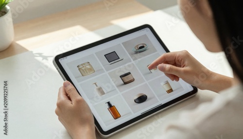 Close up of a person shopping for skincare products on a digital tablet in a bright and modern workspace