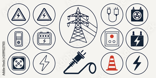 Set of 36 electrical utility on white background, warning, power, safety, and communication symbols electricity
