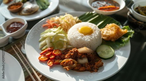 Indulge in the rich, aromatic flavors of Malaysia with this stunning high-resolution photograph of authentic Nasi Lemak, the national dish. The composition showcases a generous mound of fluffy, fragra
