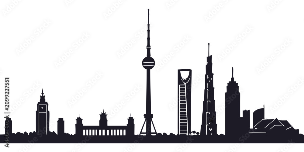 Obraz premium Black and white minimalist skyline with iconic landmarks and cityscape silhouettes