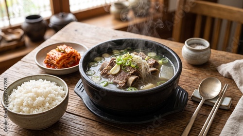 Korean traditional healthy food table setting featuring Samgyetang and Galbitang