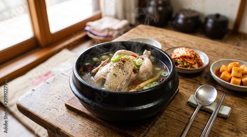 伝統的な韓国の健康食・保養食（参鶏湯、カルビタン、うなぎ焼き）のテーブル設定
