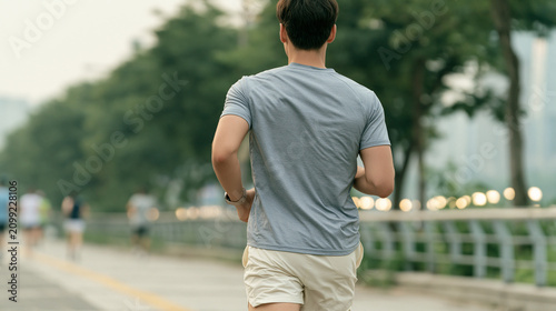 緑豊かな遊歩道を軽快にランニングする若い男性の背中 | ぼかし背景