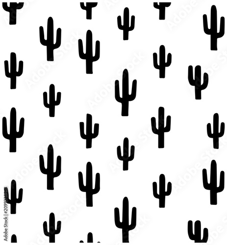 Simple saguaro cactus silhouettes pattern with silhouettes white background repeating pattern black saguaro succulent graphic texture outline