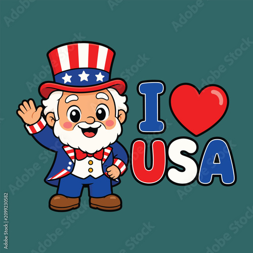 Cute Uncle Sam Mascot with I Love USA Typography Cartoon Flat Vector Illustration | Patriotic American Character for Independence Day Stickers and T-Shirts