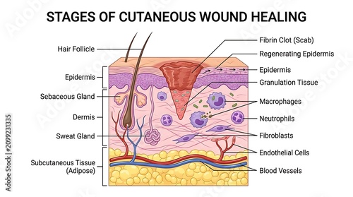 Scientific diagram of cutaneous wound healing stages in human skin with clinical