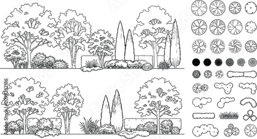 Hand Drawn Landscape Tree Symbols and Garden Planting Plan Collection with Top View and Elevation Elements