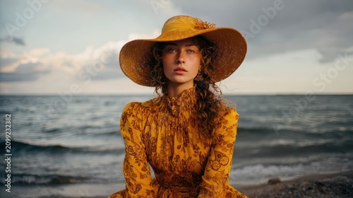 Young Woman in Yellow Dress and Wide-Brimmed Hat by the Ocean