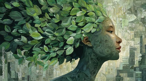 Nature Inspired Portrait with Leaves as Hair and Abstract Background