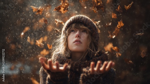 Young Woman in Knit Hat Surrounded by Falling Autumn Leaves