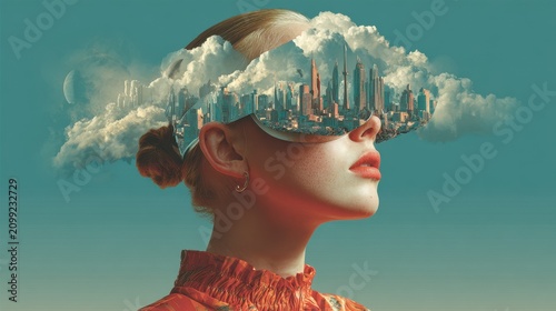 Dreamy Urban Landscape Reflected in Spectacles with Clouds