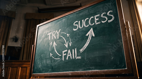 Chalkboard diagram illustrating the journey to achievement through a cycle of trying, failing, and persevering towards ultimate success
