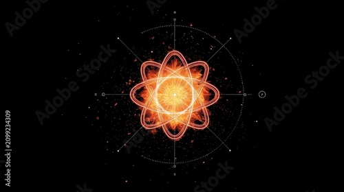 Vibrant Abstract Design of Energetic Atomic Structure on Black Background