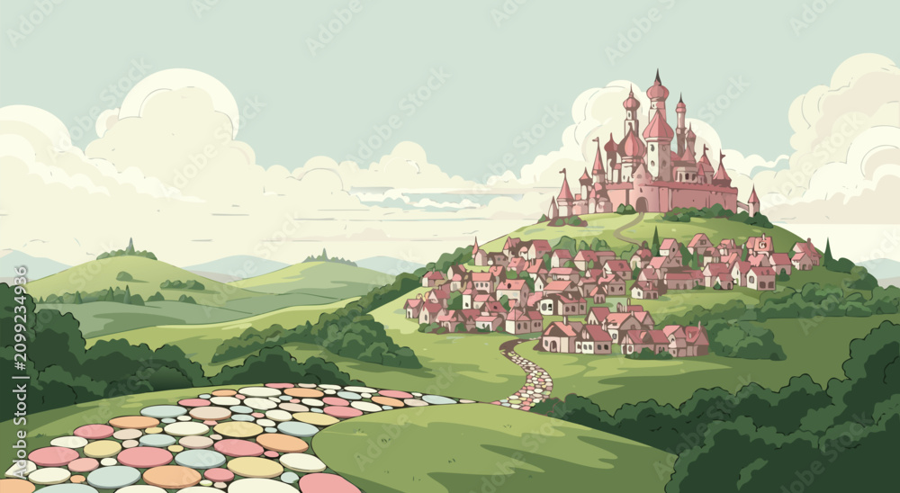 Fototapeta premium Whimsical fairytale kingdom vector illustration design featuring a pastel pink castle and a colorful cobblestone path for fantasy art projects