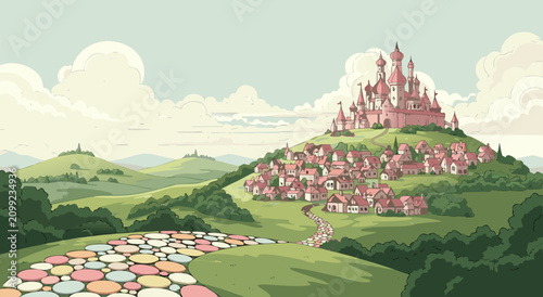 Tableau sur toile Whimsical fairytale kingdom vector illustration design featuring a pastel pink c