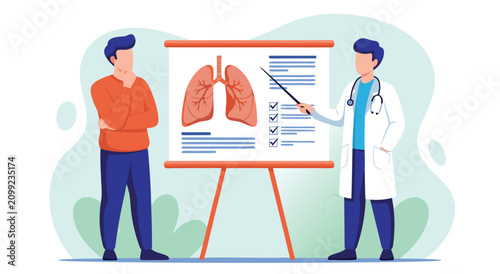 Vector illustration design of a medical consultation featuring a doctor explaining human lungs anatomy to a patient on a whiteboard presentation