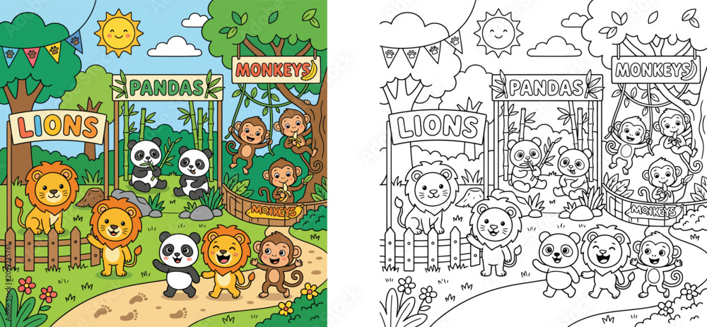 Naklejka premium Zoo animals coloring page and colorful vector illustration for kids with cute pandas, funny monkeys, and friendly lions at the safari park.